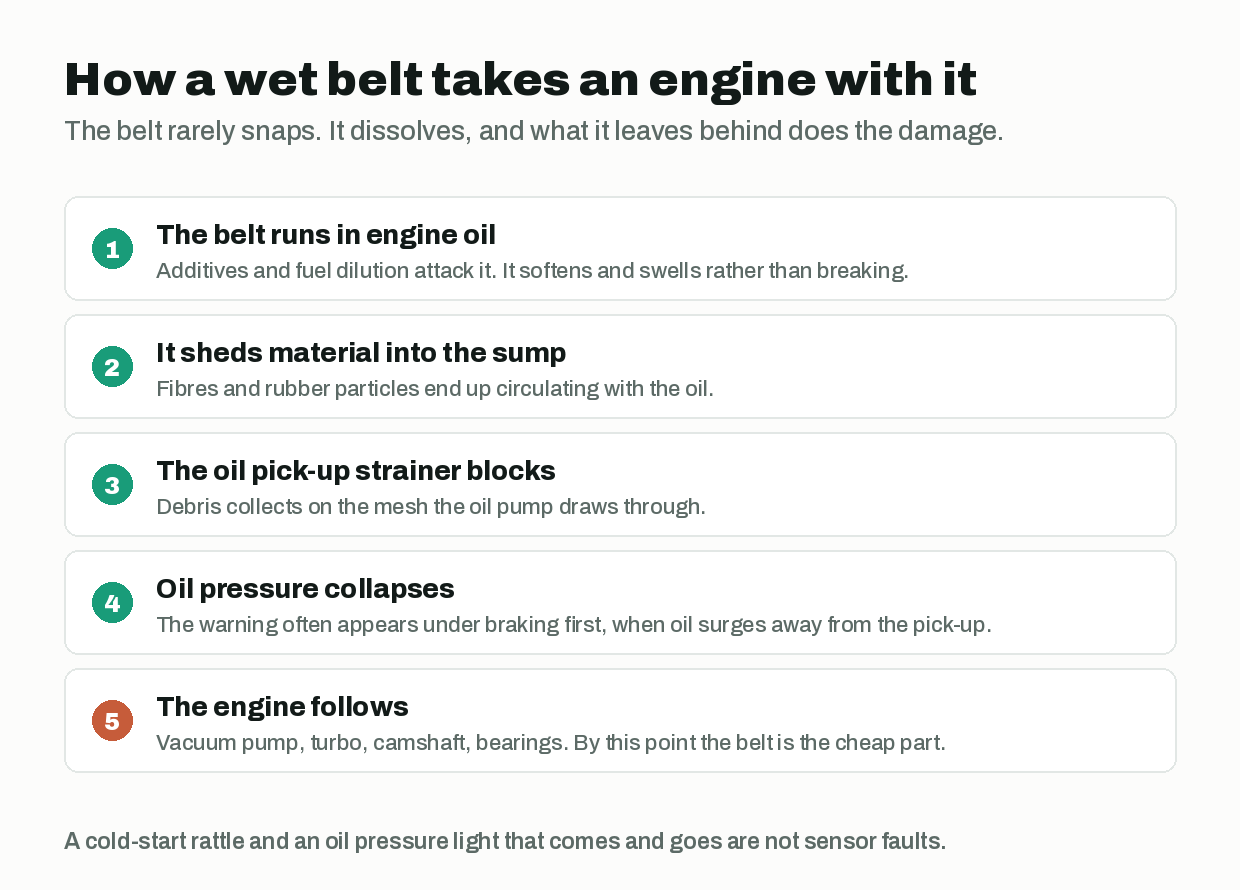 How a wet timing belt destroys a Peugeot 208 engine, in five steps
