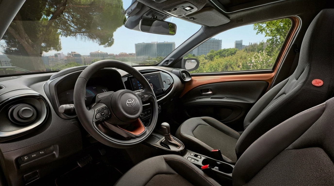 Toyota Aygo X interior with steering wheel, digital driver display, touchscreen and front seats