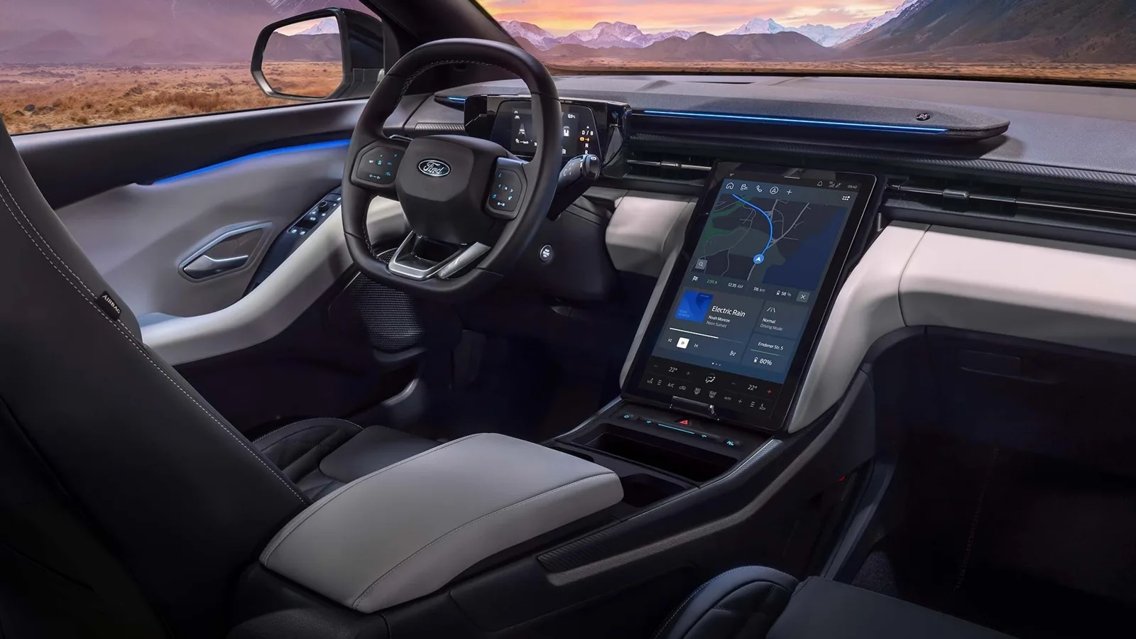 Ford Explorer electric interior with the large central touchscreen and MegaConsole